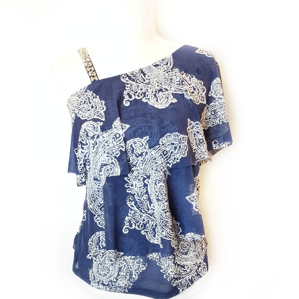 INC One Shoulder floral tier ruffle top, S